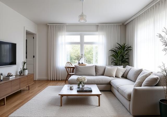 Den samme stuen, nymalt og lys, etter oppussing med moderne farger.