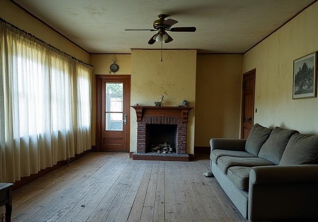 En slitt stue før oppussing med falmede vegger og gulv.