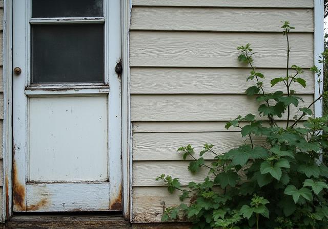 Husets fasade med falmet maling og flassende kledning før behandling.